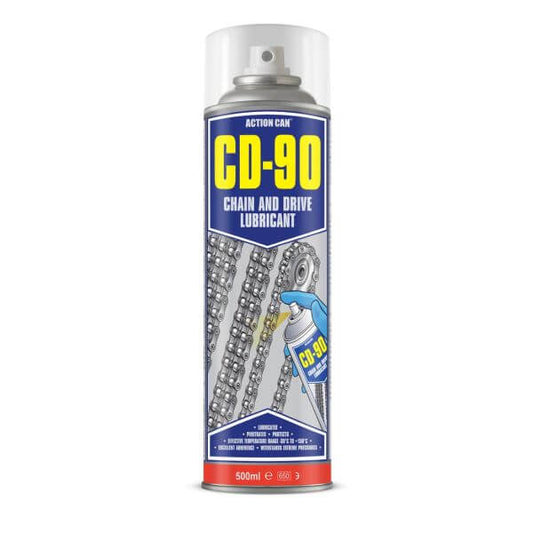 Action Can CD-90 Chain and Drive Lubricant 500ml spray, designed for deep penetration and high-pressure resistance.