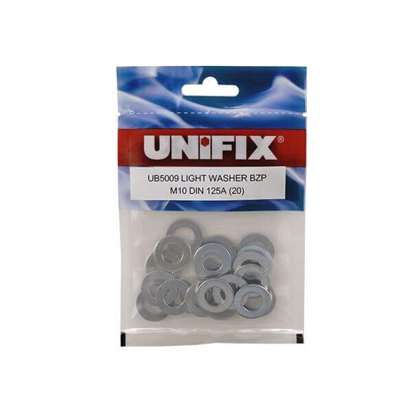 Pack of UB5009 light washers BZP M10 DIN 125A for threaded fastener load distribution, corrosion-resistant finish.