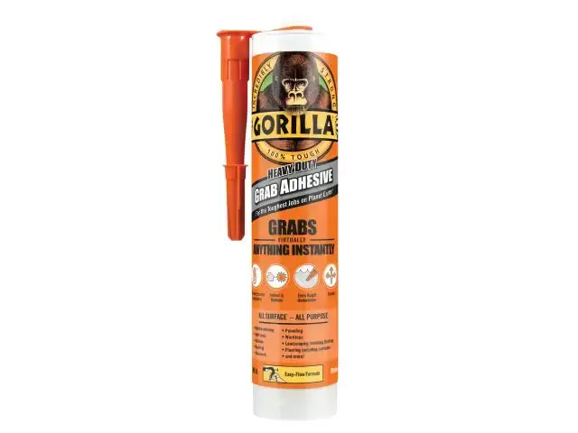 Gorilla Heavy-Duty Grab Adhesive White 290ml, ideal for indoor and outdoor use, instantly bonds and is flexible for gap filling.