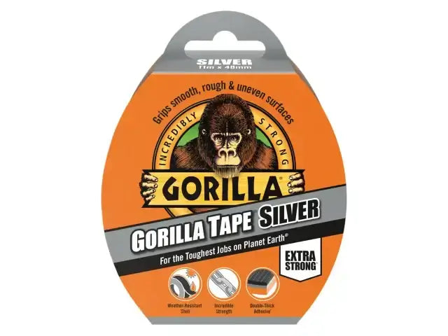 Gorilla Tape® Silver 48mm x 11m packaging showcasing extra strong, durable tape for indoor and outdoor use.