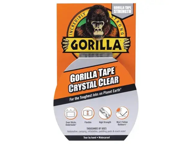 Gorilla Tape Crystal Clear packaging showcasing its strength, flexibility, and weatherproof features for indoor and outdoor use.