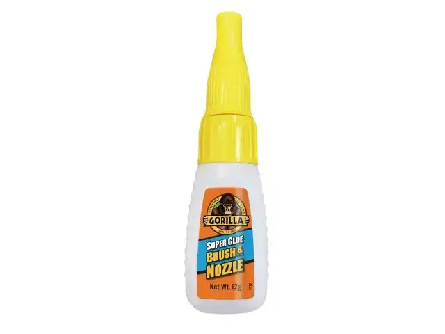 Gorilla Superglue Brush & Nozzle 12g for precise application, featuring quick drying and durable formula for household projects.