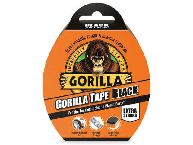Gorilla Tape® Black 48mm x 11m packaging showcasing strong, all-weather cloth tape for tough jobs.