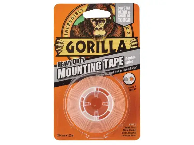 Gorilla Heavy-Duty Mounting Tape 25.4mm x 1.52m on packaging, ideal for indoor and outdoor mounting and repairs.
