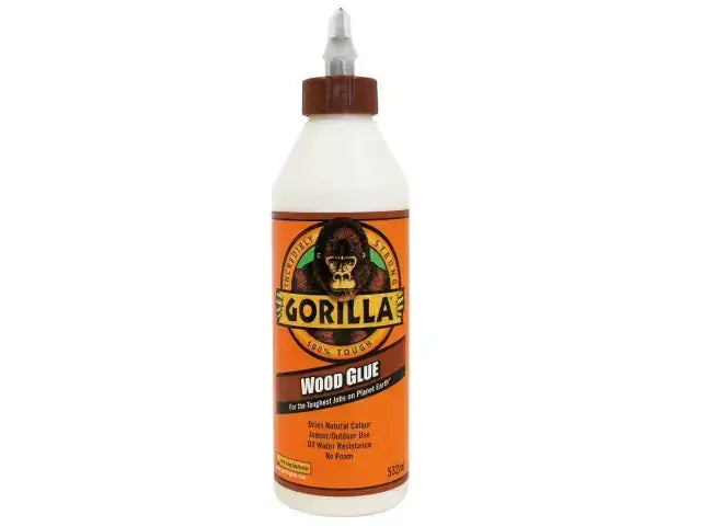 Gorilla PVA Wood Glue bottle, non-toxic, water-based, ideal for indoor/outdoor use, 24-hour cure time.