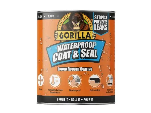 Gorilla Waterproof Coat & Seal Liquid Rubber Coating Black 473ml, ideal for leaks, waterproof and self-levelling formula.