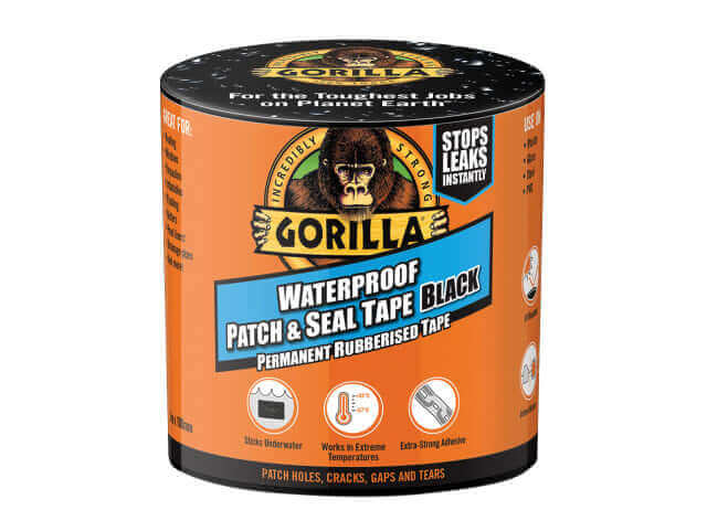 Gorilla Waterproof Patch & Seal Tape, 100mm x 3m, durable black tape for indoor/outdoor use, stops leaks instantly.