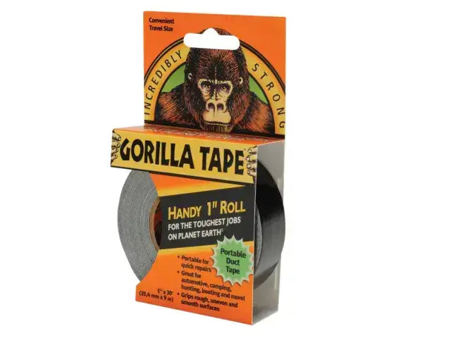 Gorilla Tape® Handy Roll, 25mm x 9m, black duct tape for tough jobs, featuring strong adhesive and durable backing.