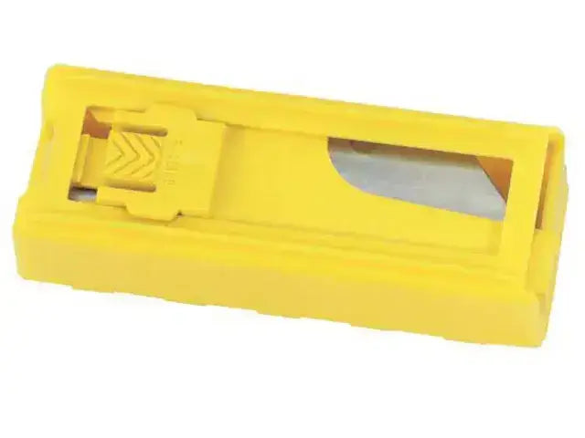 Yellow box cutter with blade exposure, ideal for cutting demanding materials like carpet and vinyl.