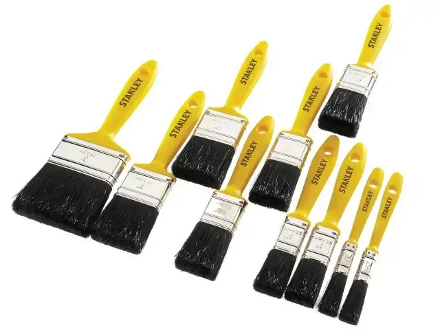 Stanley Hobby paint brush set of 10 with yellow handles and black bristles for home improvement tasks.