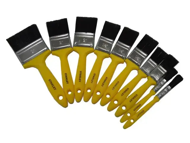 Stanley hobby paint brush set of 10 in various sizes with yellow handles and black bristles for household tasks.