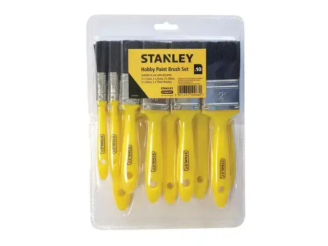 Stanley Hobby Paint Brush Set of 10 with yellow handles and black bristles for versatile household tasks.