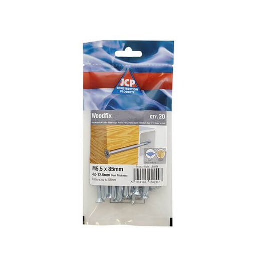 Woodfix self-drilling screws 5.5 x 85mm for timber-to-steel applications with bright zinc finish.