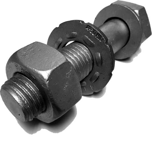 Galvanised HSFG high-strength friction grip bolt set with nut and washer, CE approved for structural use.