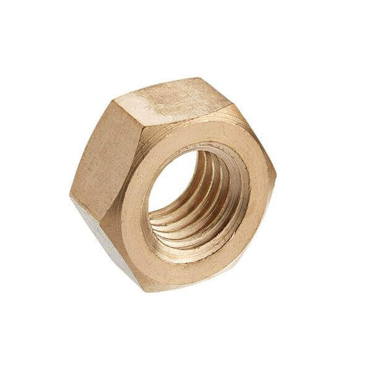 Brass Full Nut DIN 934, hexagonal shape, with internal threading for bolting applications, excellent corrosion resistance.