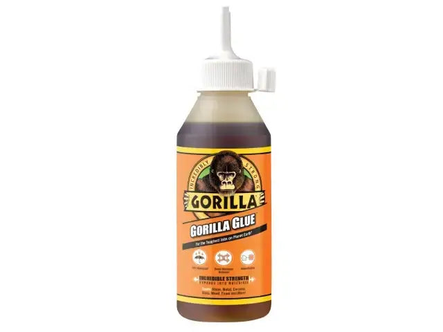 Gorilla Polyurethane Glue bottle, a strong, waterproof adhesive for various materials, featuring the iconic Gorilla logo.