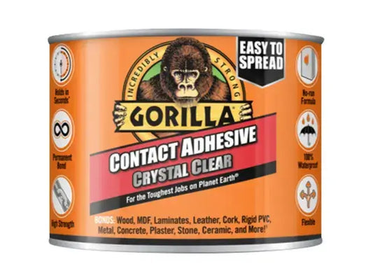 Gorilla Contact Adhesive 200ml tin, versatile and fast-drying adhesive for wood, laminates, leather, and more.