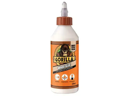 Gorilla PVA Wood Glue bottle, non-toxic, water-based adhesive for hardwoods, softwoods, and wood composites.