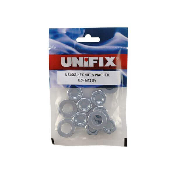 Class 8 hex nut and washer set in BZP finish, ideal for maintenance and repair tasks, packaged by Unifix.