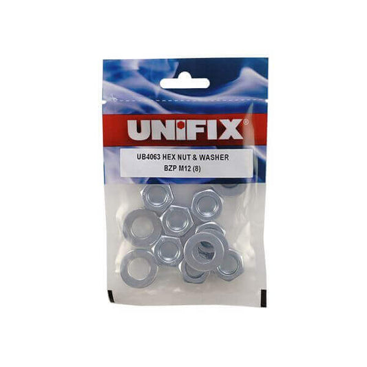Class 8 hex nut and washer set in BZP finish, ideal for maintenance and repair tasks, packaged by Unifix.