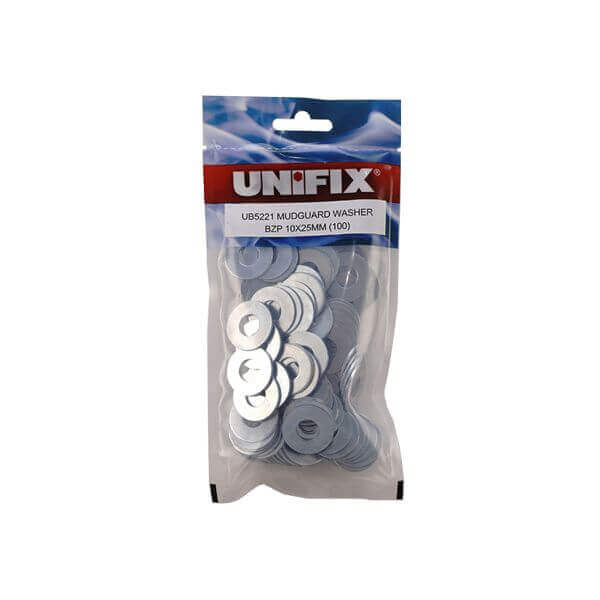 Pack of 100 Mudguard (Penny) Washers BZP 10x25mm for improved fastener load distribution.