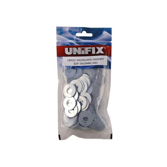 Pack of 100 Mudguard (Penny) Washers BZP 10x25mm for improved fastener load distribution.