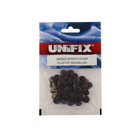Plustop screw covers in brown packaging, perfect for concealing screws and enhancing project appearance, 50 pieces.