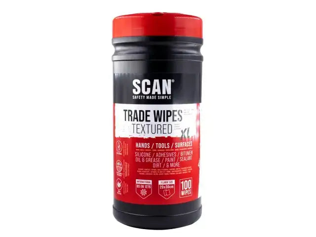 Scan Heavy-duty Trade Wipes tub containing 100 XL antibacterial wipes for hands, tools, and surfaces.