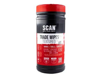 Scan Heavy-duty Trade Wipes tub containing 100 XL antibacterial wipes for hands, tools, and surfaces.