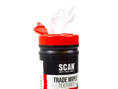 Scan Heavy-duty Trade Wipes tub with textured wipes, great for cleaning hands, tools, and surfaces.