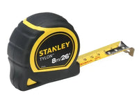 durable pocket tape measure with yellow and black casing, extended to 26 feet.