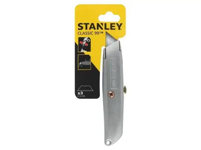 Stanley 99E Original Retractable Blade Knife with packaging, featuring ergonomic design and 3 stored blades.