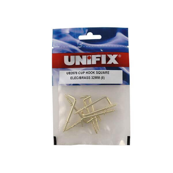 Square electro brass cup hooks in a packaging from UNIFIX.