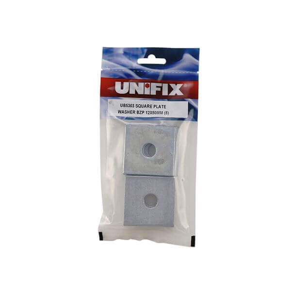 Square Plate Round Hole Washers BZP in packaging showcasing two washers for enhanced load distribution.