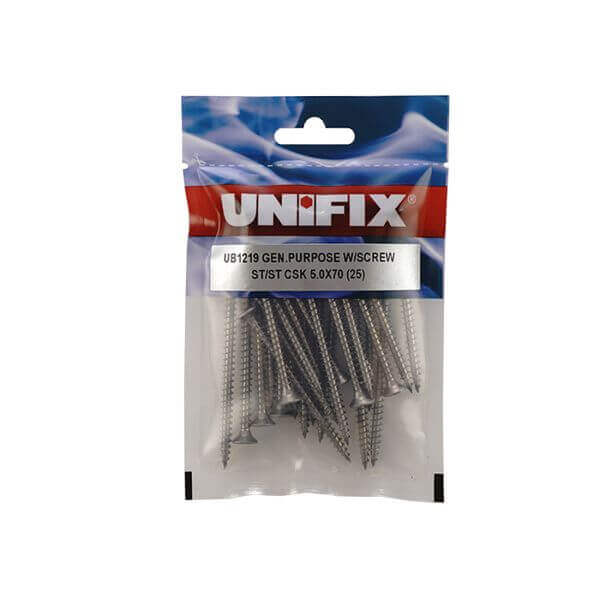 A2 stainless steel chippy wood screws in packaging for general purpose use, featuring a Pozi CSK head, ideal for wood-working projects.