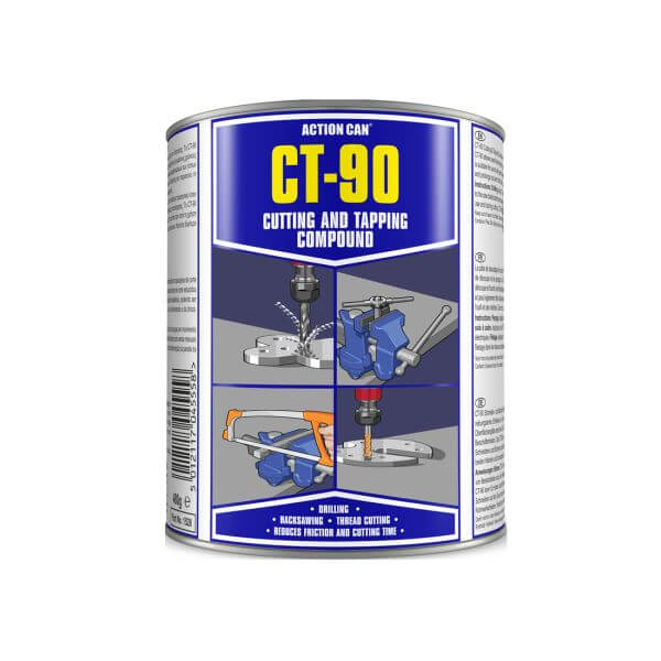 Action Can CT-90 cutting and tapping compound 480g with illustrations of metalworking applications, highlighting premium cutting tapping compound.