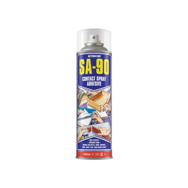 Action Can SA-90 heavy-duty contact spray adhesive 500ml aerosol can for multi-purpose bonding.