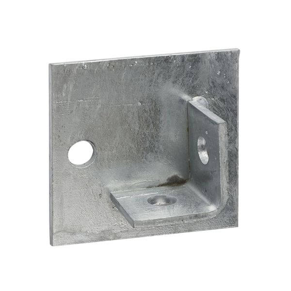 40mm single channel base plate, HDG, metal fastener with L-bracket design and holes for mounting.