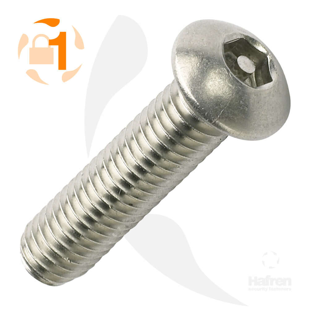 A2 stainless steel pin hex machine screw with a button head and internal pin mechanism for tamper resistance.