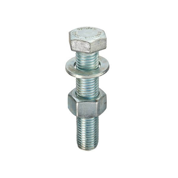 ISO 4017 fastener assembly set featuring a zinc-plated screw, nut, and washer for industrial applications.