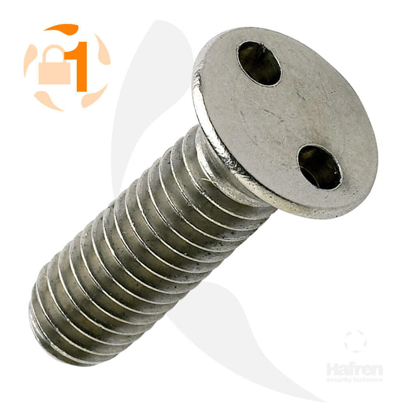 Countersunk A2 stainless steel 2-hole machine screw for secure fastening in construction and engineering applications.