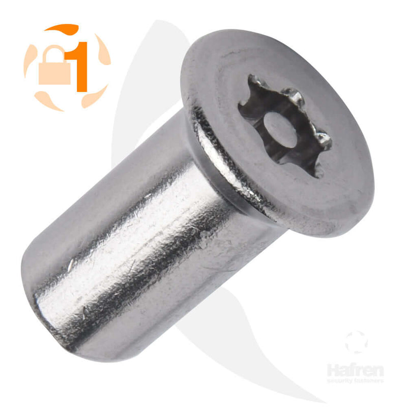 Countersunk stainless steel barrel nut with 6-lobe pin drive for tamper-resistant applications.