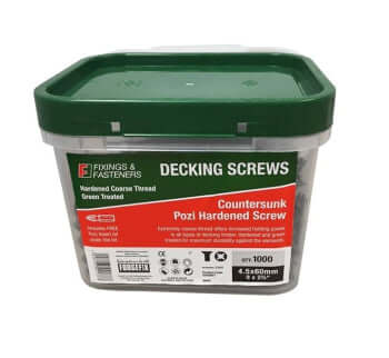 Green decking screws for outdoor timber in a container, featuring a countersunk pozi head for strong grip.