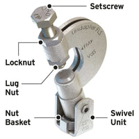 Multifunctional beam flange clamp showing setscrew, locknut, lug nut, nut basket, and swivel unit.