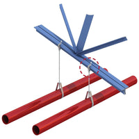 Multifunctional beam flange clamp securing red pipes with blue beams for effective construction applications.
