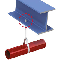 Hemispherical iron cup washers supporting a red pipe in a vertical suspension setup from a steel beam.