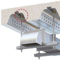 Detail of MetFloor composite decking fasteners securely attaching to concrete with a two-part bracket system.