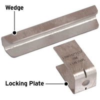 Lindapter SM decking fastener components including wedge and locking plate for secure installation.