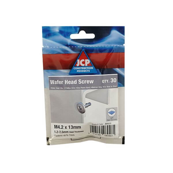 Metal self-drilling wafer head screws in packaging, ideal for steel-to-steel applications.