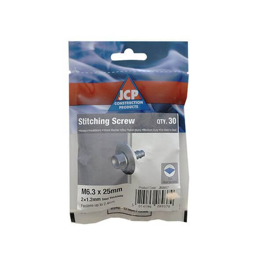 JCP Construction Products packaging for M6.3 x 25mm stitching screws, featuring a hexagon head and a watertight seal.
